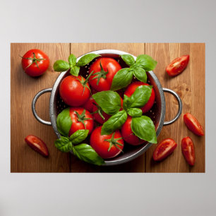Tomaten mit Basilikum in Colander Poster