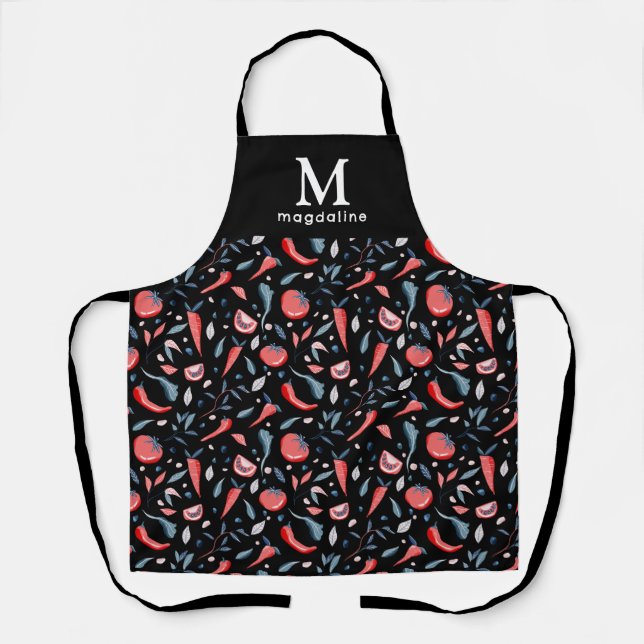 Tomaten Muster Schwarze Monogramm Name Gemüse Schürze (Vorderseite)