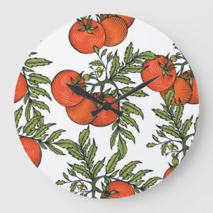 Tomaten-Vintage: Illustration für den Bauernmarkt. Große Wanduhr