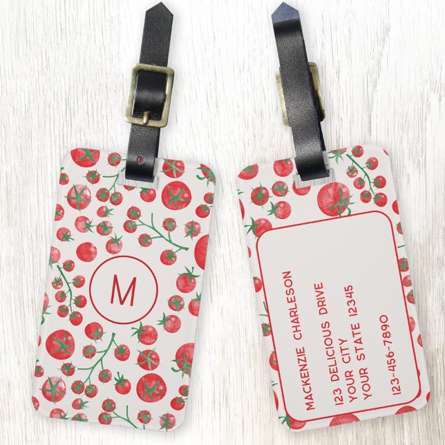 Tomato-Aquarellmonogramm Erste Personalisiert Gepäckanhänger (Monogram initial personalized tomato watercolor pattern Mediterranean luggage tag)