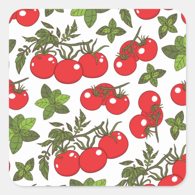 Tomato Basil Seamless Kitchen Muster Quadratischer Aufkleber (Vorderseite)