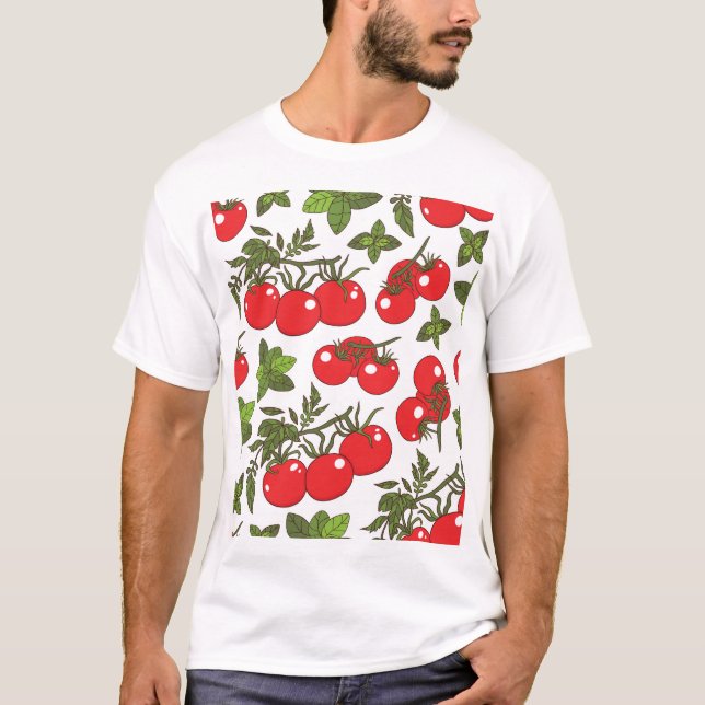 Tomato Basil Seamless Kitchen Muster T-Shirt (Vorderseite)