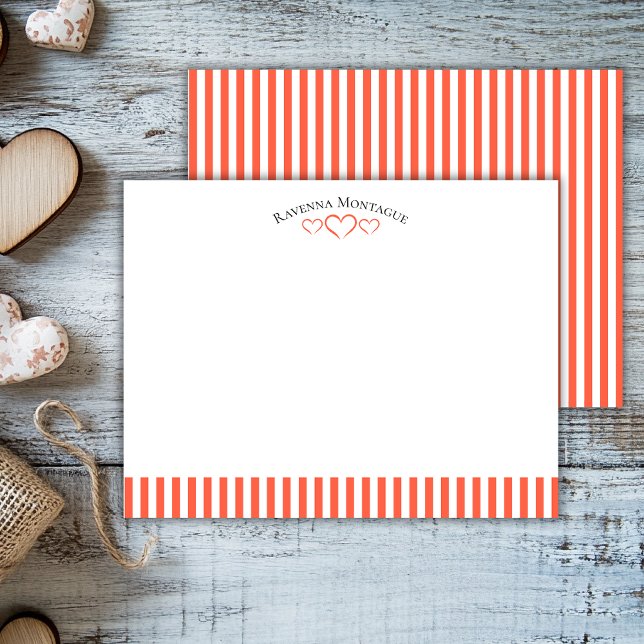 Tomato Modern Open Hearts Striped Note Card Mitteilungskarte (Von Creator hochgeladen)
