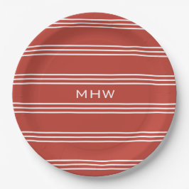 Tomato Red Stripes kundenspezifische Monogramm-Tel Pappteller