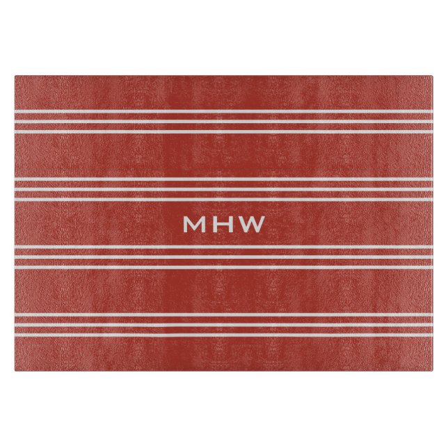 Tomato Red Strips maßgeschneiderte Monogramm-Schne Schneidebrett (Vorderseite)