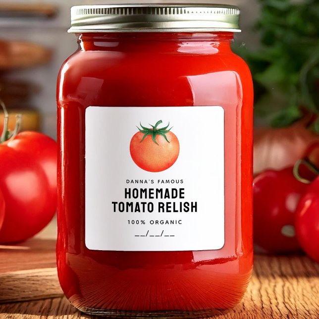 Tomato Relish canning label mit roter Tomatentechn Quadratischer Aufkleber (Von Creator hochgeladen)