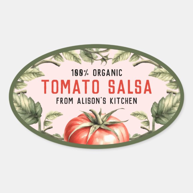 Tomato Salsa Konservenetikett mit Aquarelltomotor Ovaler Aufkleber (Vorderseite)