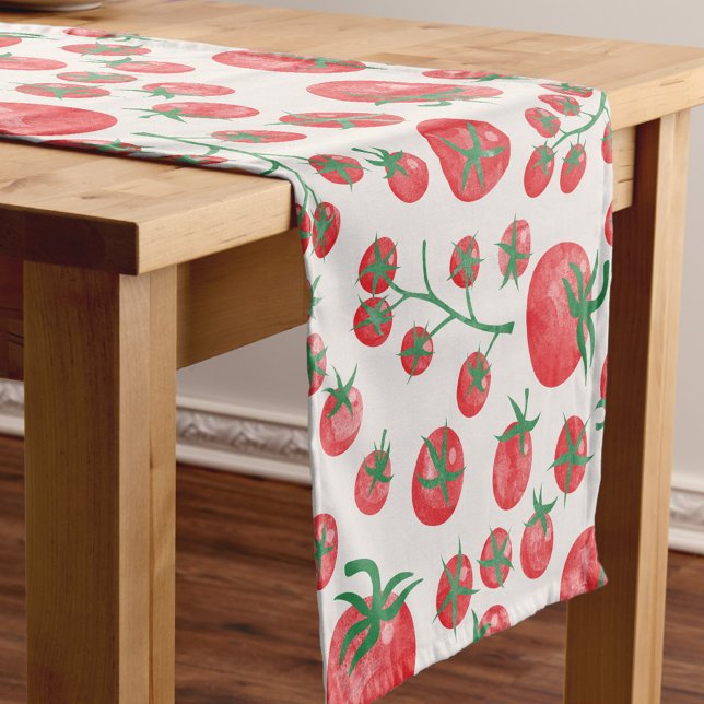 Tomato Watercolor Pattern Kurzer Tischläufer (Modern watercolor tomato pattern Mediterranean summer table runner)