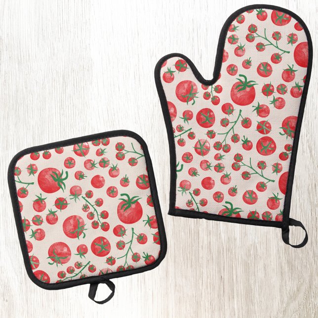 Tomato Watercolor Pattern Ofenhandschuh & Topflappen-Set (Fun Mediterranean watercolor tomato pattern kitchen oven mitt and pot holder set)