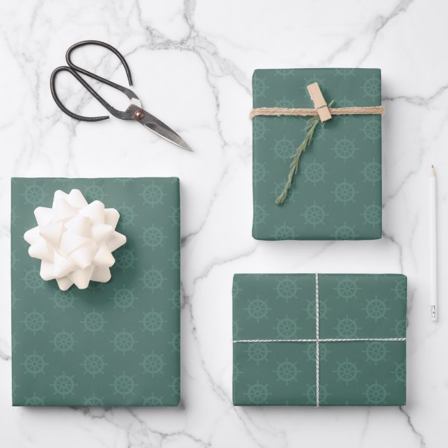 Tonal-Schiffsrad auf dunkelgrauem Türkis Geschenkpapier Set (Vorderseite)