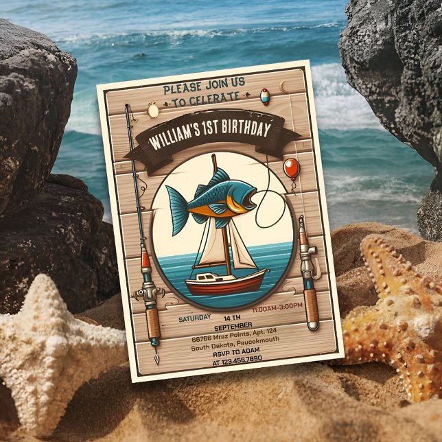 Tonboot niedlicher Junge Fischen am 1. Geburtstag Einladung (Von Creator hochgeladen)