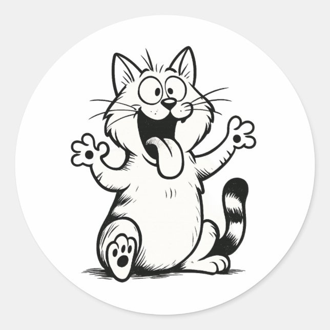 "Tongue Out, Paws Up!" – Funny Cartoon Cat Runder Aufkleber (Vorderseite)