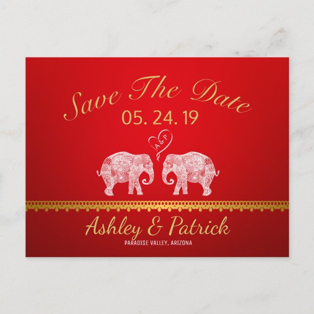 TONNEN LIEBE-Elefant Couple Indian Save the Date Ankündigungspostkarte (Vorderseite)