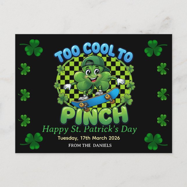 Too Cool to Pinch Skateboard Shamrock St. Patricks Postkarte (Vorderseite)