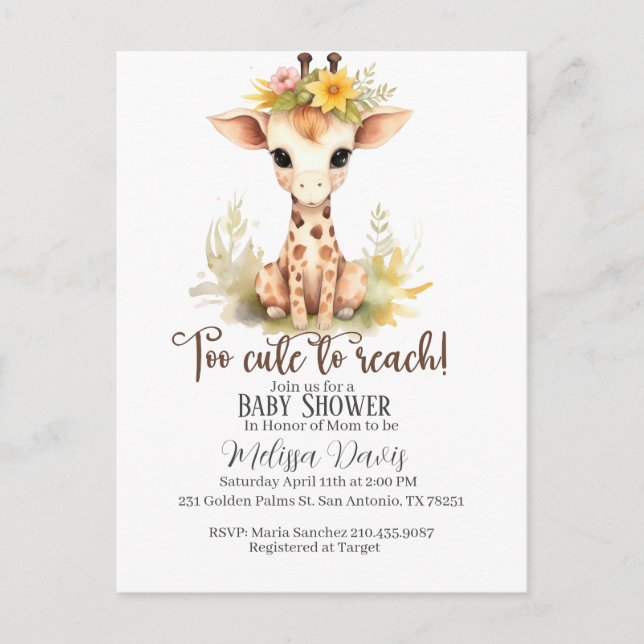 Too Cute to Reach Giraffe Baby Shower Invitation Postkarte (Vorderseite)