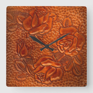 Tooled Western Leather Roses Clock Quadratische Wanduhr