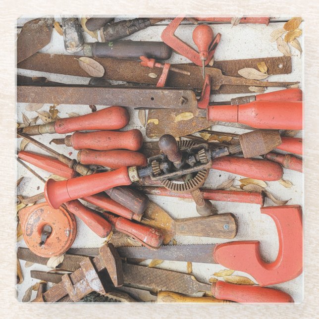 Tools Antiquitätenwerkzeug Rustikal Roter Mann Glasuntersetzer (Vorderseite)