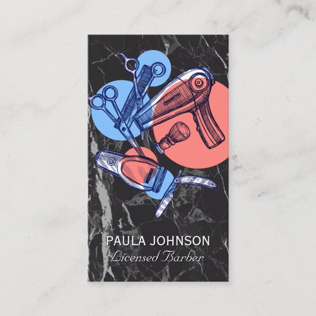 Tools für den Barbershop | Schwarzer Marmor Visitenkarte (Vorderseite)
