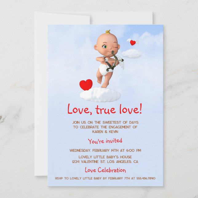 Toon Baby Cupid Flug mit Bow und Arrow Einladung (Vorderseite)