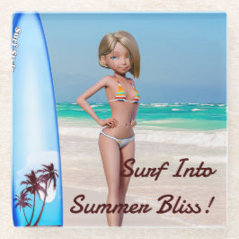 Toon Surfer Girl Posing an der Küste Glasuntersetzer