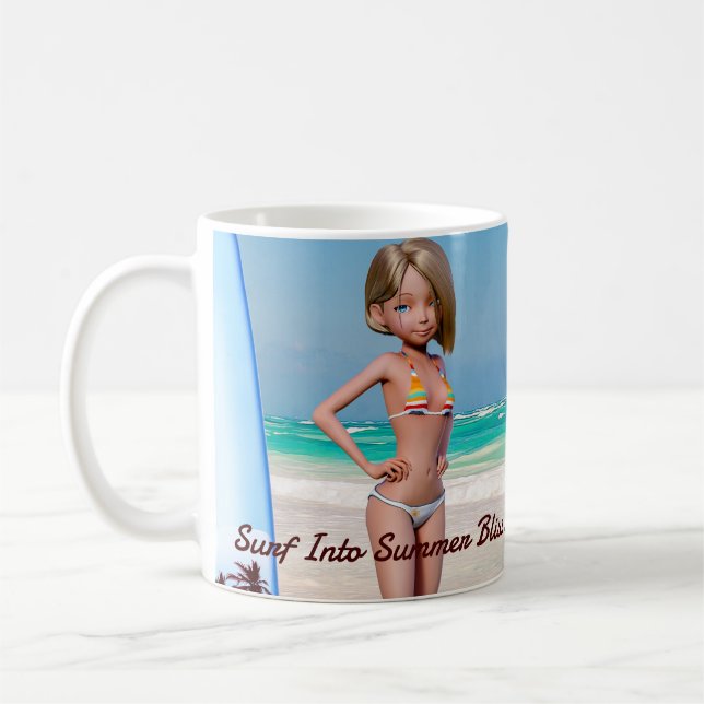 Toon Surfer Girl Posing an der Küste Kaffeetasse (Links)