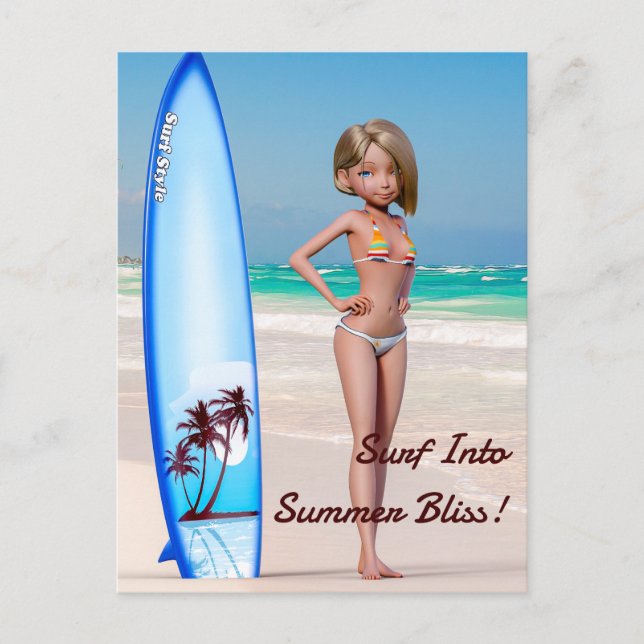 Toon Surfer Girl Posing an der Küste Postkarte (Vorderseite)