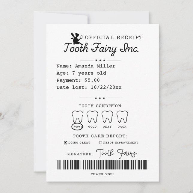 Tooth Fairy Receipt Printable Einladung (Vorderseite)