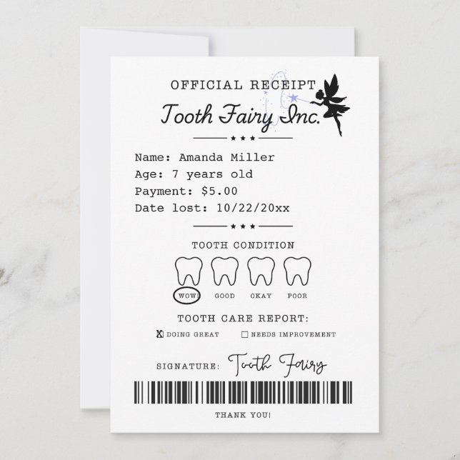 Tooth Fairy Receipt Printable Einladung (Vorderseite)