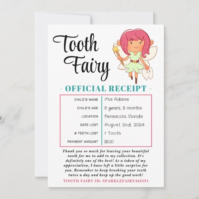 Tooth Fairy Receipt Tooth Loss Certificate Einladung (Vorderseite)