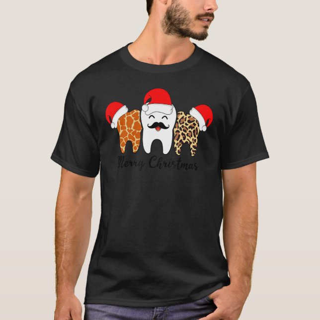 Tooth Mustache Leopard Giraffe Print Merry Christm T-Shirt (Vorderseite)