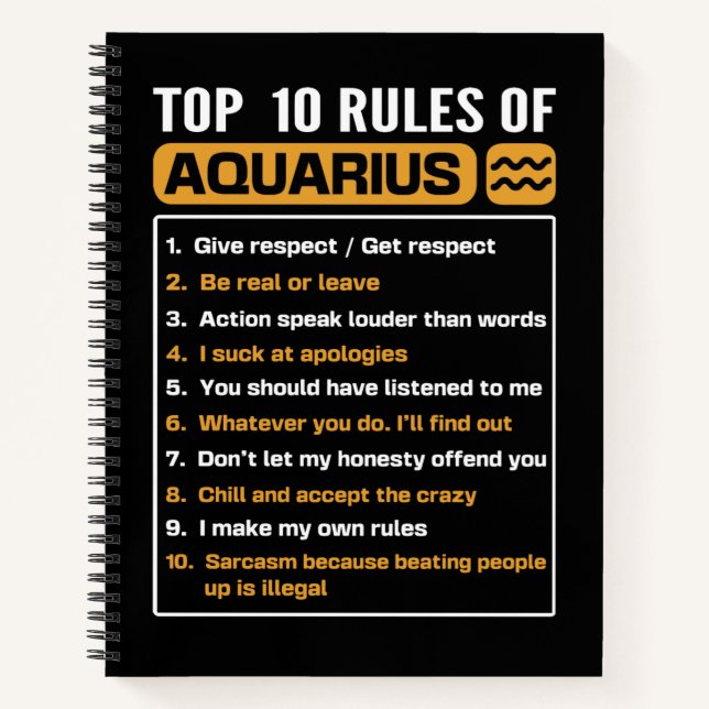 Top 10 Regeln von Aquarius, Funny Aquarius 10 Rege Notizbuch (Vorderseite)