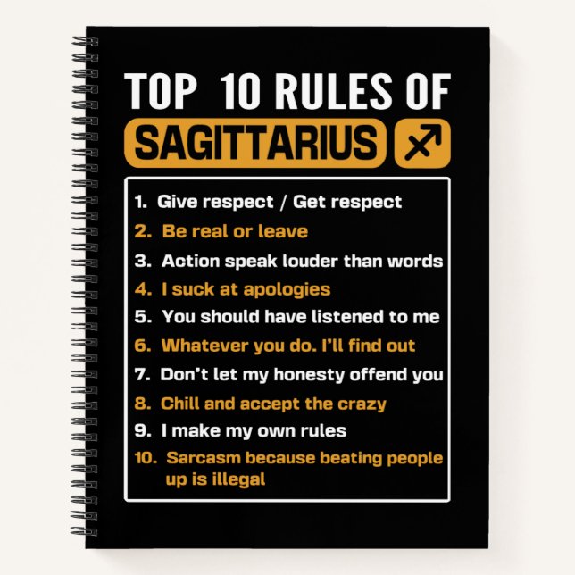 Top 10 Regeln von Sagittarius, Sagittarius Traits  Notizbuch (Vorderseite)