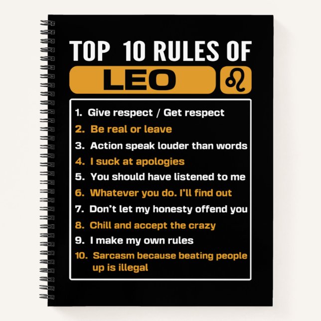 Top 10 Rules Of Leo, Leo Facts Traits Notizbuch (Vorderseite)
