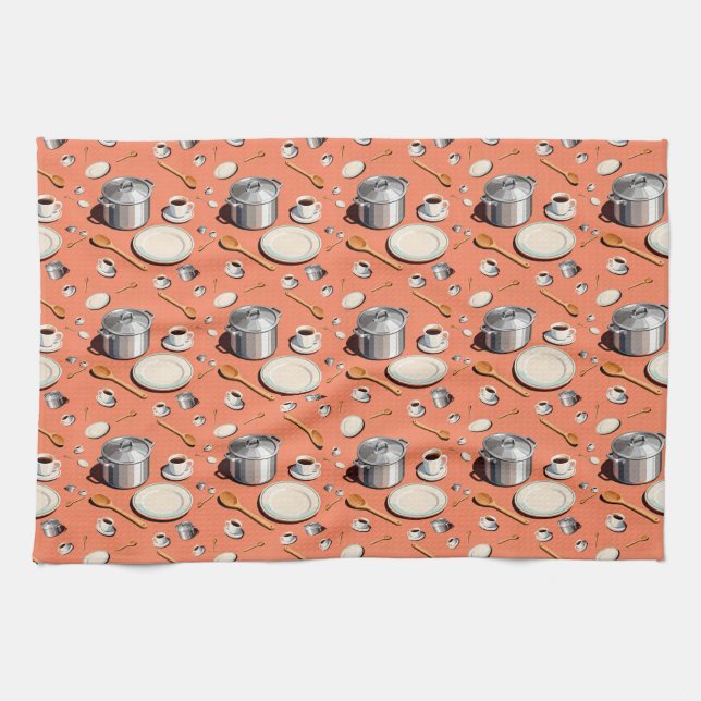 Töpfe Teller Holzlöffel und Kaffeetassen Geschirrtuch (Horizontal)