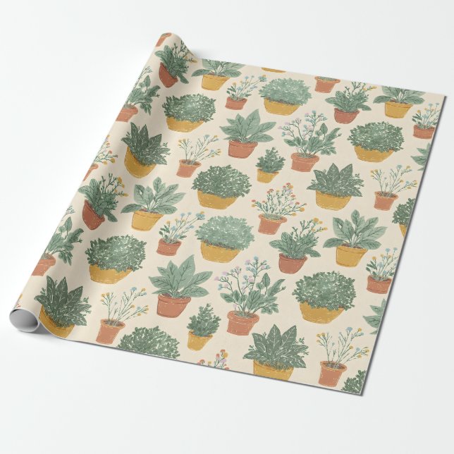 Topfpflanzen Blumen Botanischer Illustrationsstil Geschenkpapier (Ungerollt)