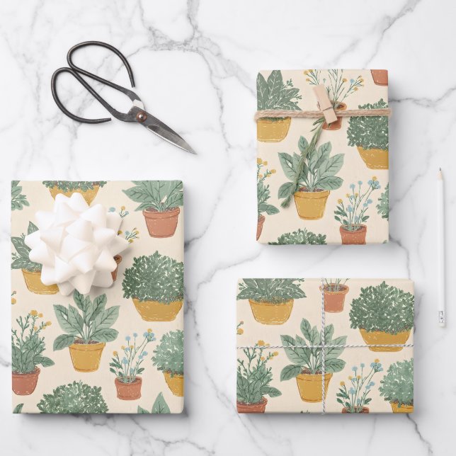 Topfpflanzen Blumen Botanischer Illustrationsstil Geschenkpapier Set (Vorderseite)
