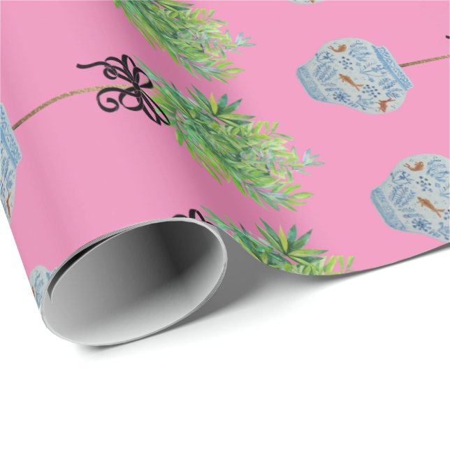 Topiary Topiaries Blue and White Ginger Jag Geschenkpapier (Rolleneckpunkt)