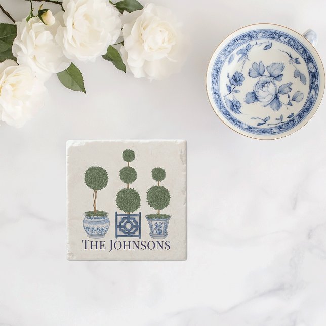 Topiary Tree Chinoiserie Trio Steinuntersetzer (Chinoiserie topiary tree personalized garden lover stone coaster)