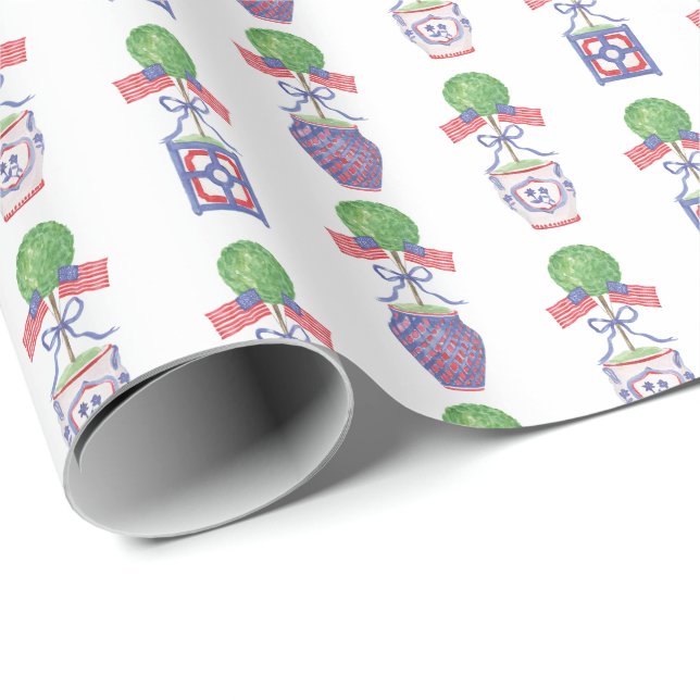Topiary Watercolor Patriotic American Flag Geschenkpapier (Rolleneckpunkt)