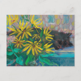 Topinambour Dreams Black Cat Gelbe Blumen Pastell Postkarte