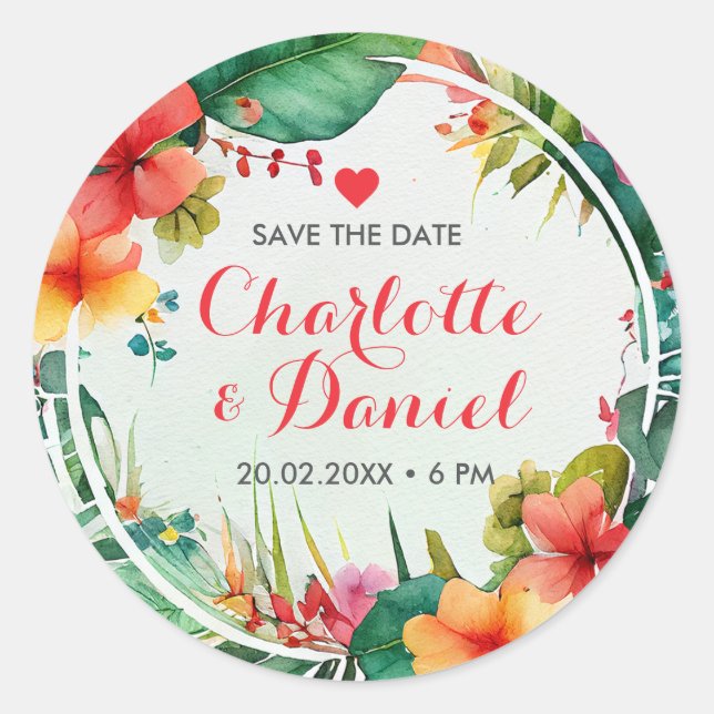 Topisches Blumenkraut | SAVE THE DATE | Hochzeit Runder Aufkleber (Vorderseite)
