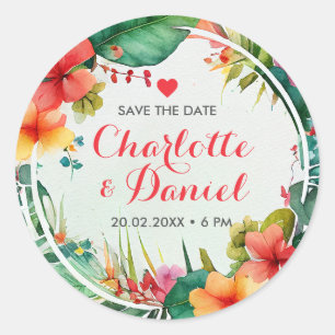 Topisches Blumenkraut   SAVE THE DATE   Hochzeit Runder Aufkleber