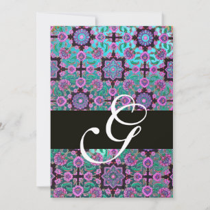 TOPKAPI BLUE BLACK DAMASK MONOGRAMM rosa grün Einladung