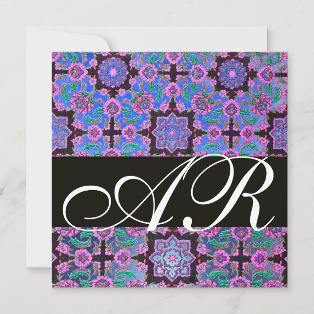 TOPKAPI BLUE BLACK PINK DAMASK MONOGRAMM grün Einladung (Vorderseite)