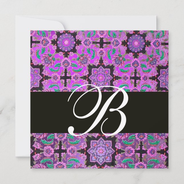 TOPKAPI LILA BLACK DAMASK MONOGRAM rosa grün Einladung (Vorderseite)