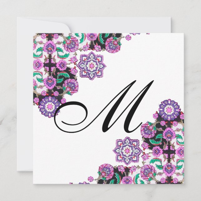 TOPKAPI SCHWARZ-WEISS DAMASK MONOGRAMM, rosa silbe Einladung (Vorderseite)