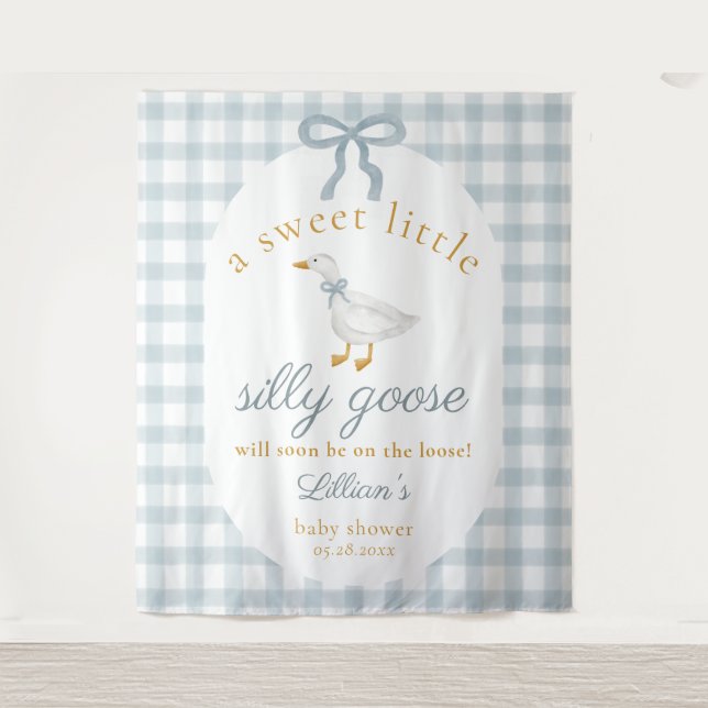 Törichte Gans Ente Blau Gingham Baby Shower Hinter Wandteppich (Vorderseite)