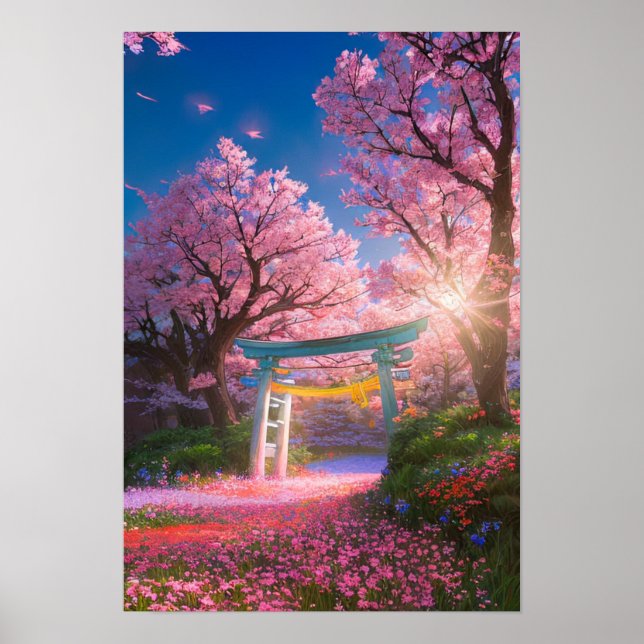 Torii Gate Amidst Cherry Blossom Splendor Poster (Vorne)
