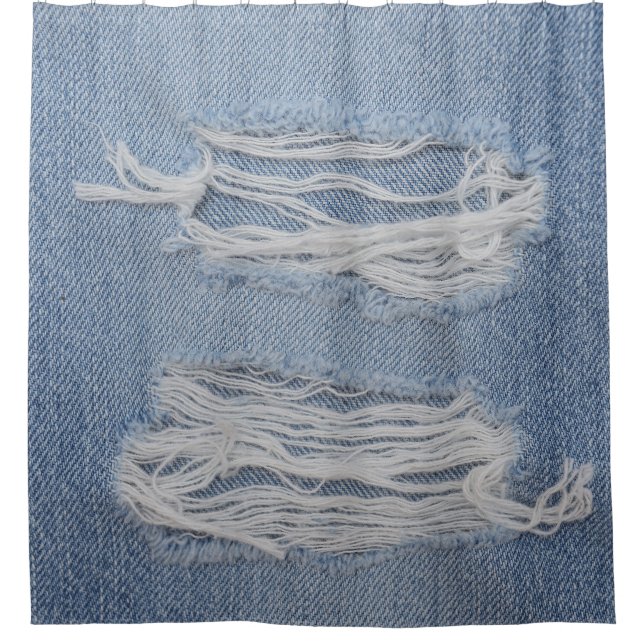 Torn denim: blaue Jeans Textur. Duschvorhang (Vorderseite)