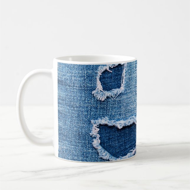 Torn denim Stoff Textur, blaue Farben. Kaffeetasse (Links)